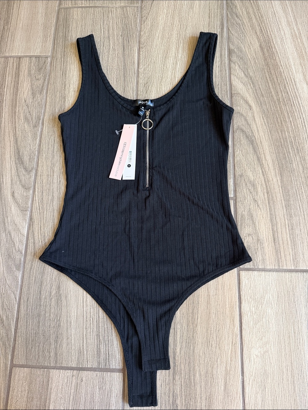 Aqua Black Ribbed Front-Zip Tank Bodysuit